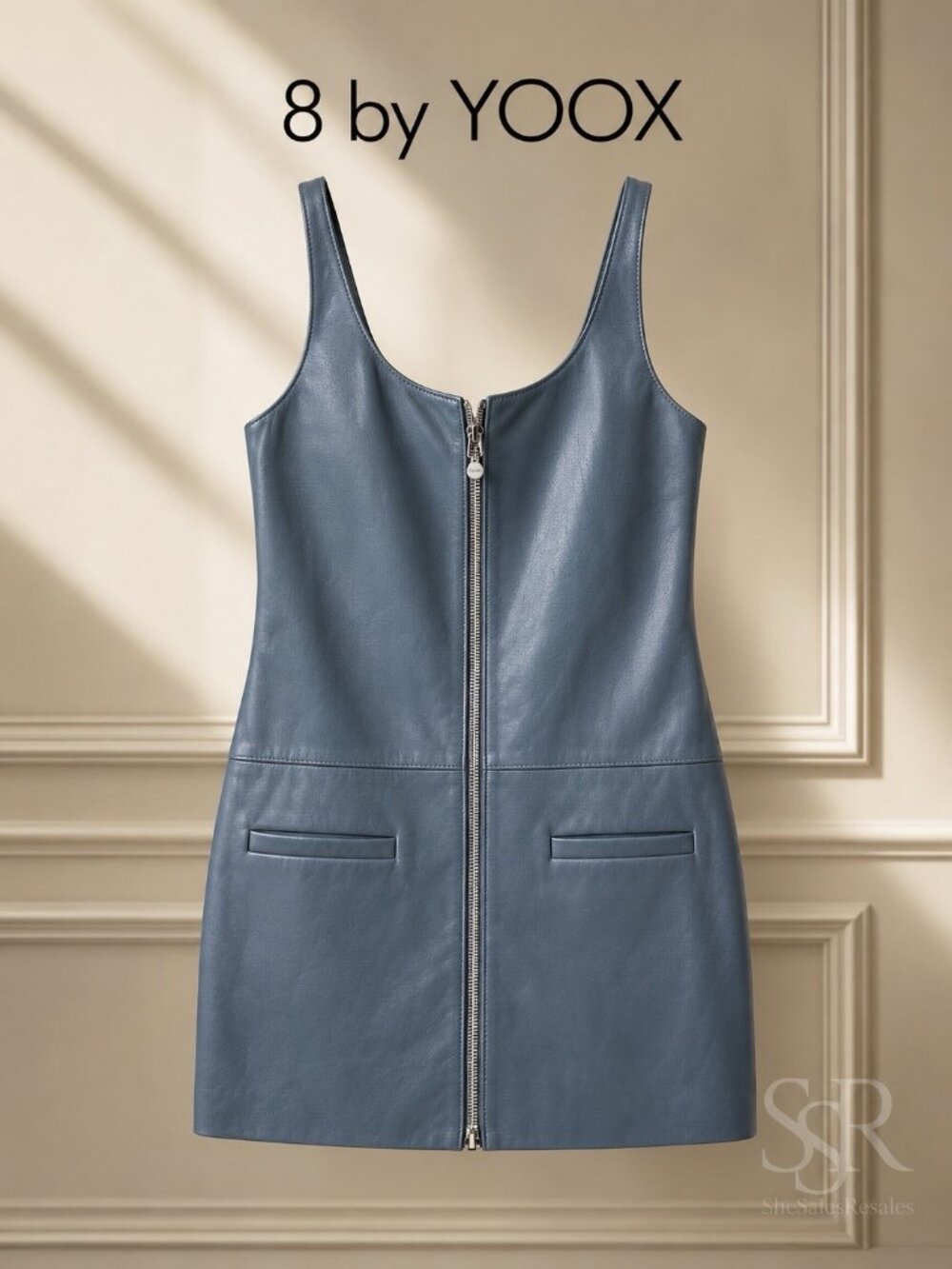8 by YOOX Slate Blue Lambskin Leather Mini Dress Made in Italy Size 8 NWT